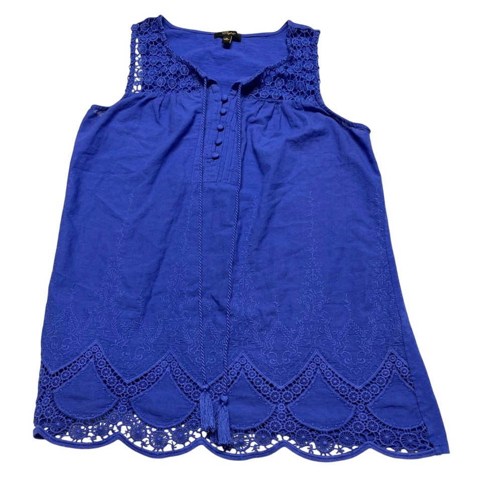 Cupio Womens‎ Tank Top Medium Blue Boho Crochet Lace Trim Tassels